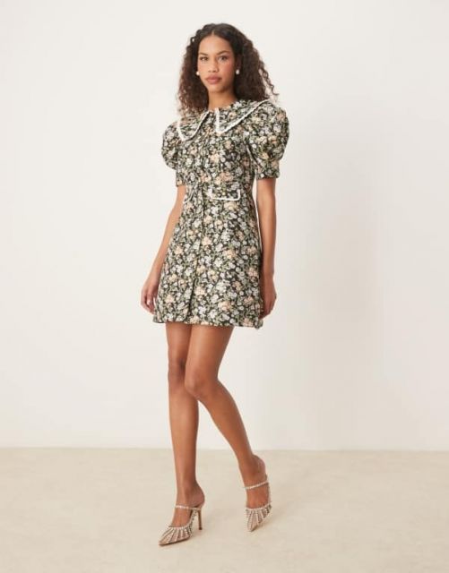 シスタージュン レディース ワンピース トップス Sister Jane contrast collar jacquard mini dress in green floral Multi