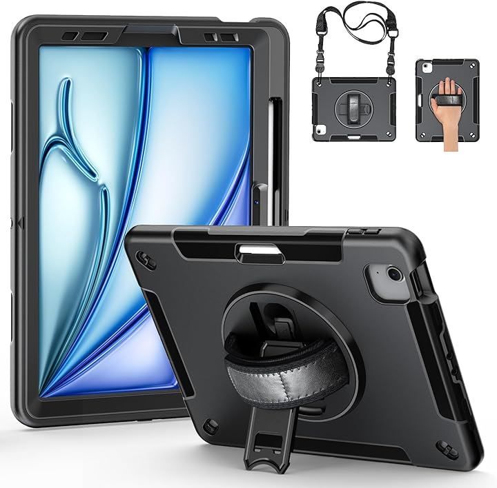 zenrich iPad Air 6世代 11インチ ケース 耐衝撃カバー ペン収納 360回転スタンド ハンドストラップ ショルダーストラップ 全面保護ケース( ブラック，  iPad Air 11 インチ 2024)