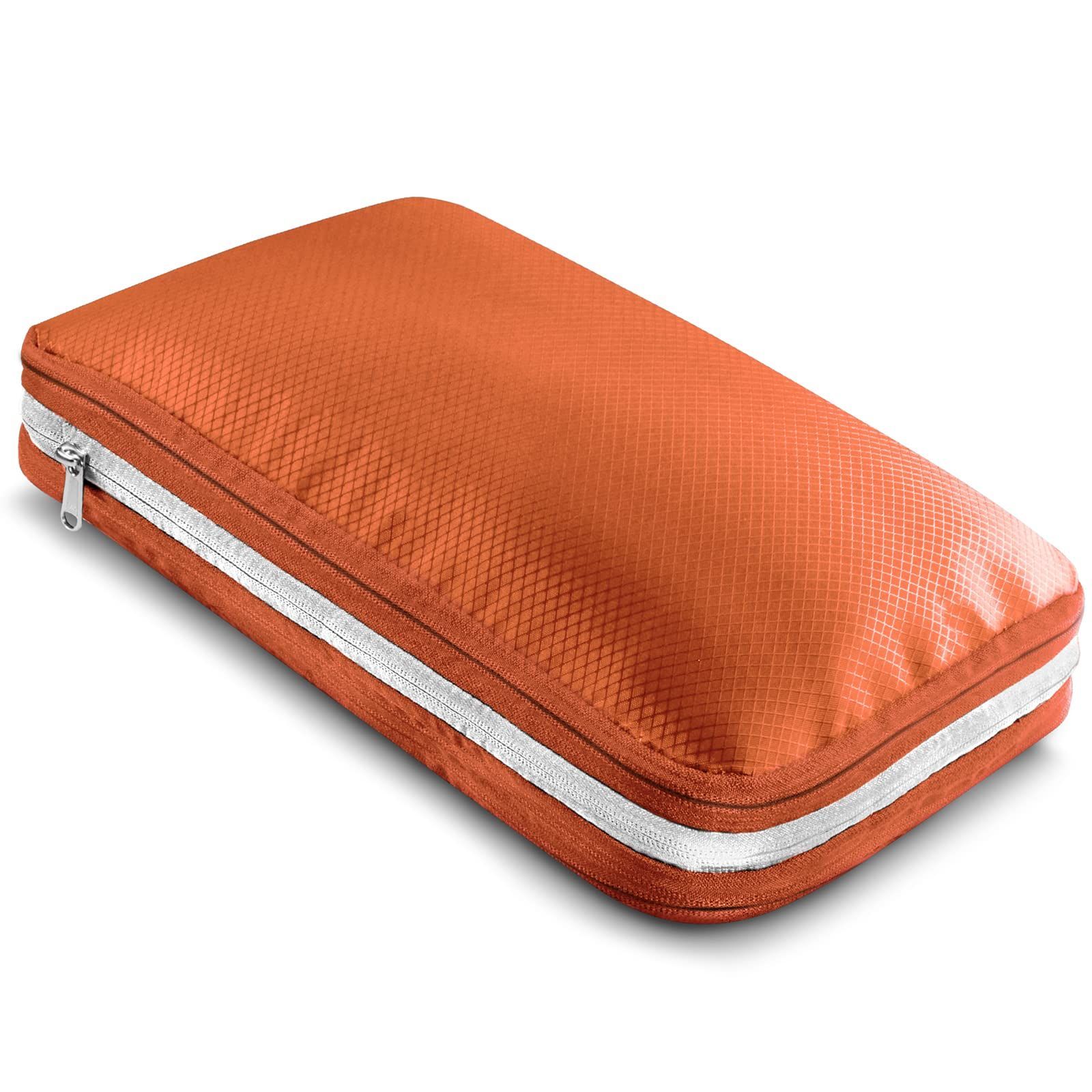 新品 旅行 出張 便利グッズ ファスナー 圧縮で衣類スペース約50％節約 収納ポーチ 圧縮バッグ (Lサイズ, トラベルポーチ 旅行用圧縮袋  オレンジ＆ホワイト) ICHIFUJI - Oran - メルカリ