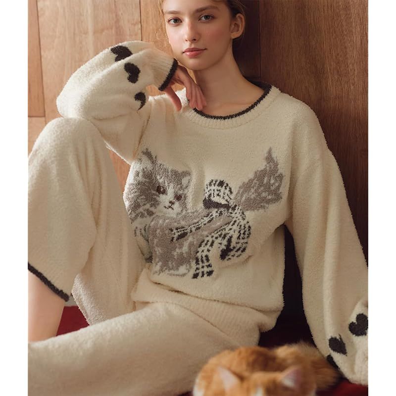 ピーチ ジョン ふわふわ柔らか＆あたたかい もこもこ 長袖 かわいい 秋 冬 キャットホイップリー パジャマ ルームウエア レディース アイボリー ワンサイズ 0