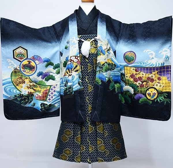七五三 五歳 男児 男の子 羽織袴フルセット 紋袴 黒地 鷹 袴変更可能