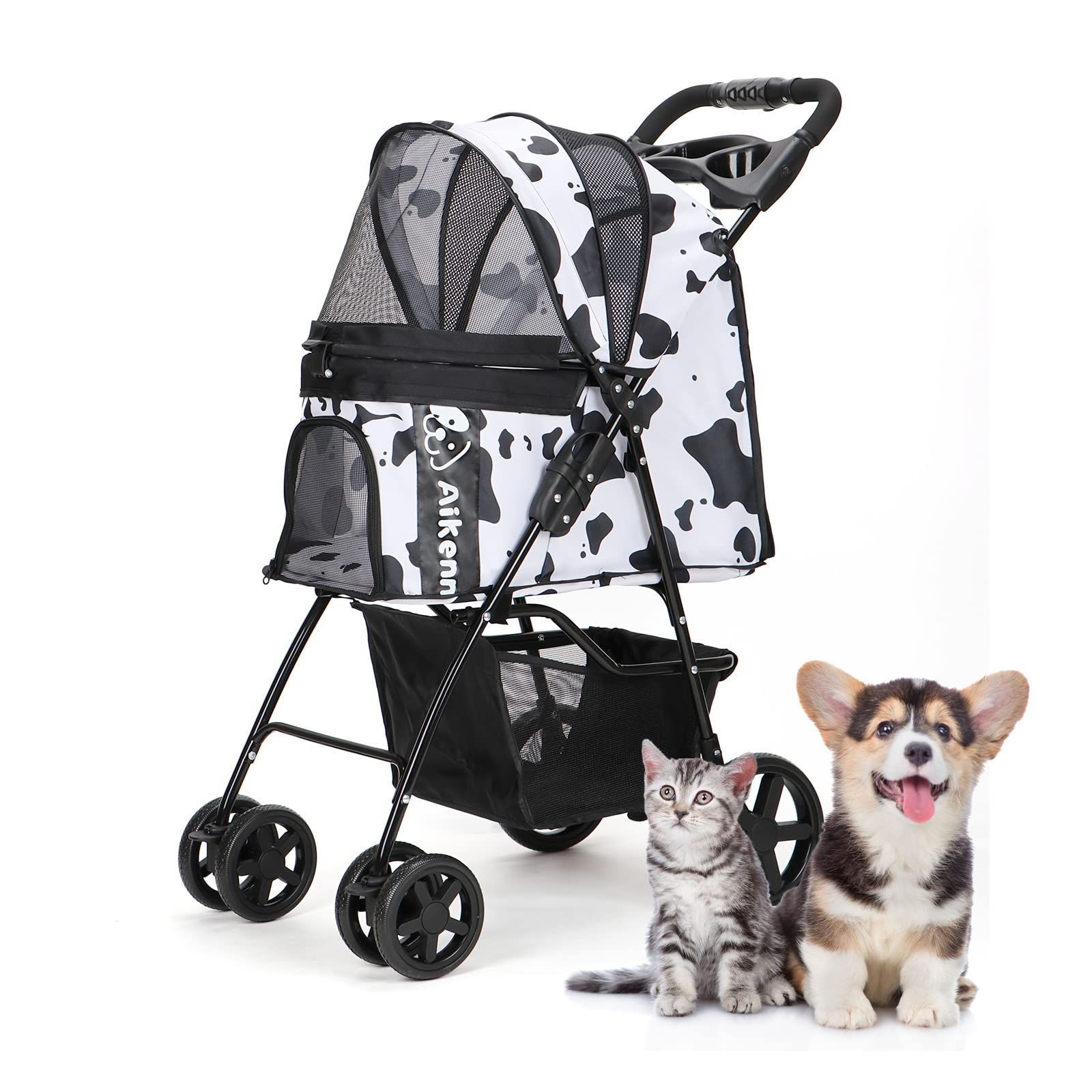 ペットカート 折りたたみ 犬用ベビーカー 猫バギー 前輪360回転 後輪ブレーキ付 Aikenn 多機能 小型犬 中型犬 猫 散歩 外出 飛び出し防止 軽量 ワンタッチ開閉 組み立て簡単 耐荷重15KG (乳牛柄)
