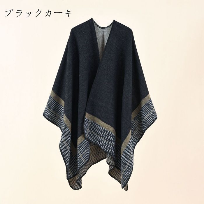 美品　チェック　ポンチョ　ケープ チェック柄ニットケープ ポンチョ ケープ ミリタリー風