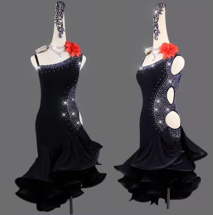 ラテンドレス ラテンワンピース ダンス衣装 ブラック セミオーダー ラテンドレス ラテンワンピース ダンス衣装 ブラック オーダーメイド