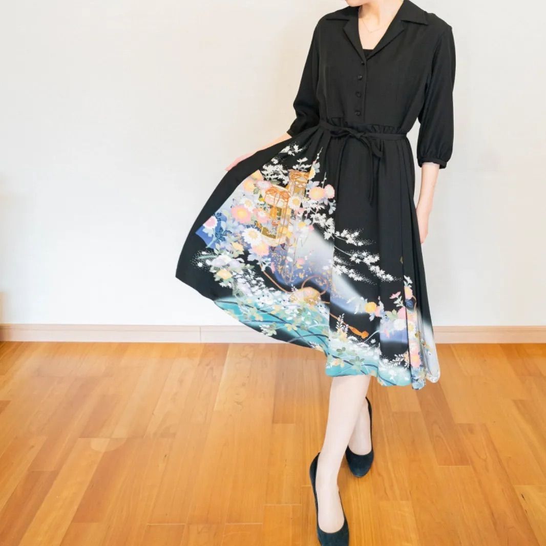 Kanata着物リメイク☆黒留袖の襟付きワンピース☆ミディ丈