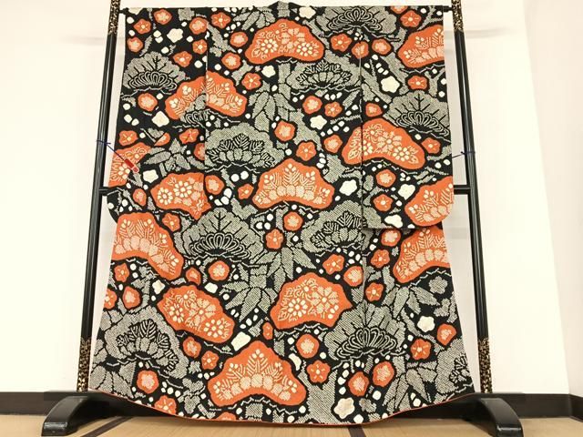 平和屋着物●豪華振袖　絞り　花松文　黒地　金彩　正絹　逸品　AABA0347zg 平和屋着物○豪華振袖 絞り 花松文 黒地 金彩 正絹 逸品 AABA0347zg