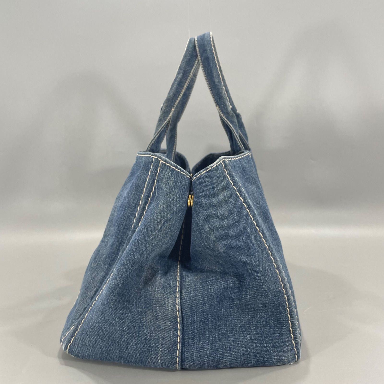本物保証 PRADA プラダ カナパ デニム トートバッグ 三角プレート L 