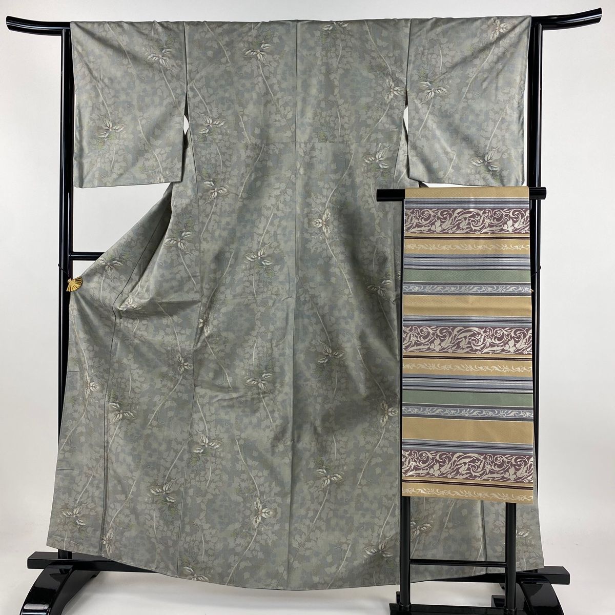 大島紬 身丈163cm 裄丈63.5cm S 袷 都喜ヱ門 名古屋帯セット 証紙 蔦 灰緑 正絹 美品 秀品 【】