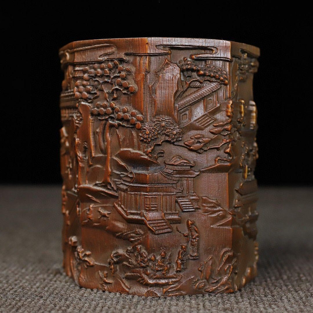 竹 彫刻 亭台楼閣筆箱 書道具 文房具 現代工芸品 美術品 置物 2025