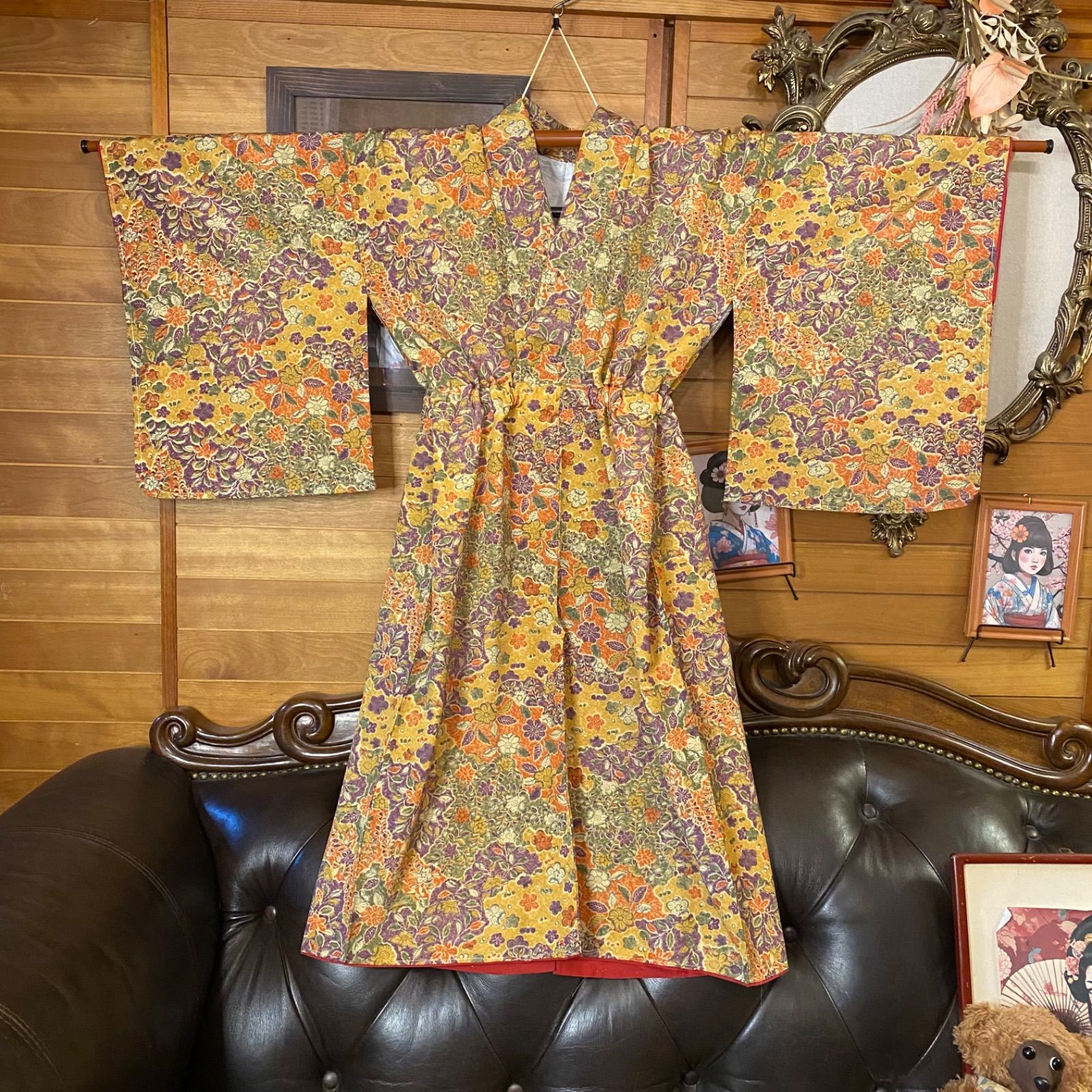 着物リメイクワンピース ドレス 洗える化繊 + 名古屋帯サッシュベルト 和洋折衷 レトロ 古着 ハンドメイド こっくりからし色の地に、葡萄紫・鶯みどり・柿色。 KW‑1105 和洋折衷 着物 リメイク ワンピース ドレス 洗える 化繊 名古屋帯