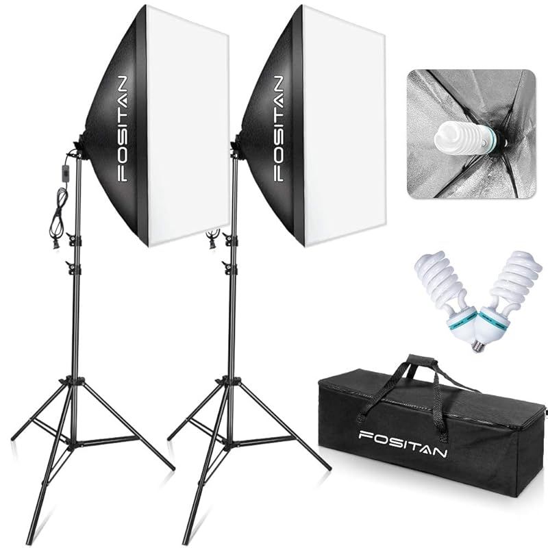 FOSITAN 省エネ版 ソフトボックス 50×70cm 写真撮影照明キット 純白CFL電球×2 撮影用照明 撮影用ライト 2ｍ三脚付きの写真撮影セット 照明 撮影用スタジオ 写真照明用セット キャリングバッグ付き PSE取得済み