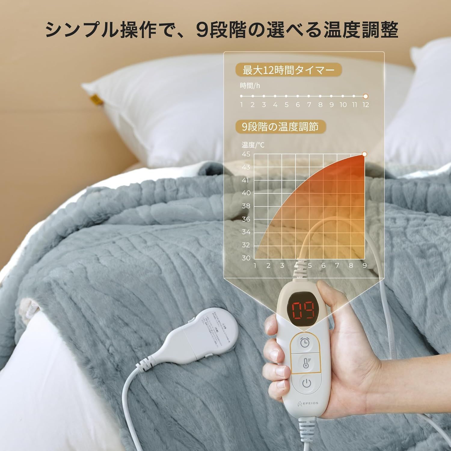 エペイオス Epeios 電気毛布 掛け敷き兼用 188x130cm 1-12時間タイマー付き 洗える 9段階温度調節 ぬいぐるみ生地 ふわふわ 厚手生地 ダニ退治 省エネ シングル 電気ブランケット ひざ掛け 肩掛け 掛け 敷き毛布 防寒対策 両面使え