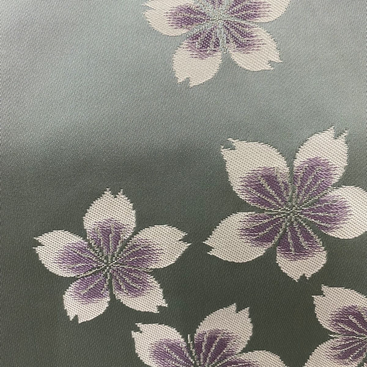 袋帯 名品 辻村ジュサブロー 落款 桜 縞 箔 灰緑 六通 正絹
