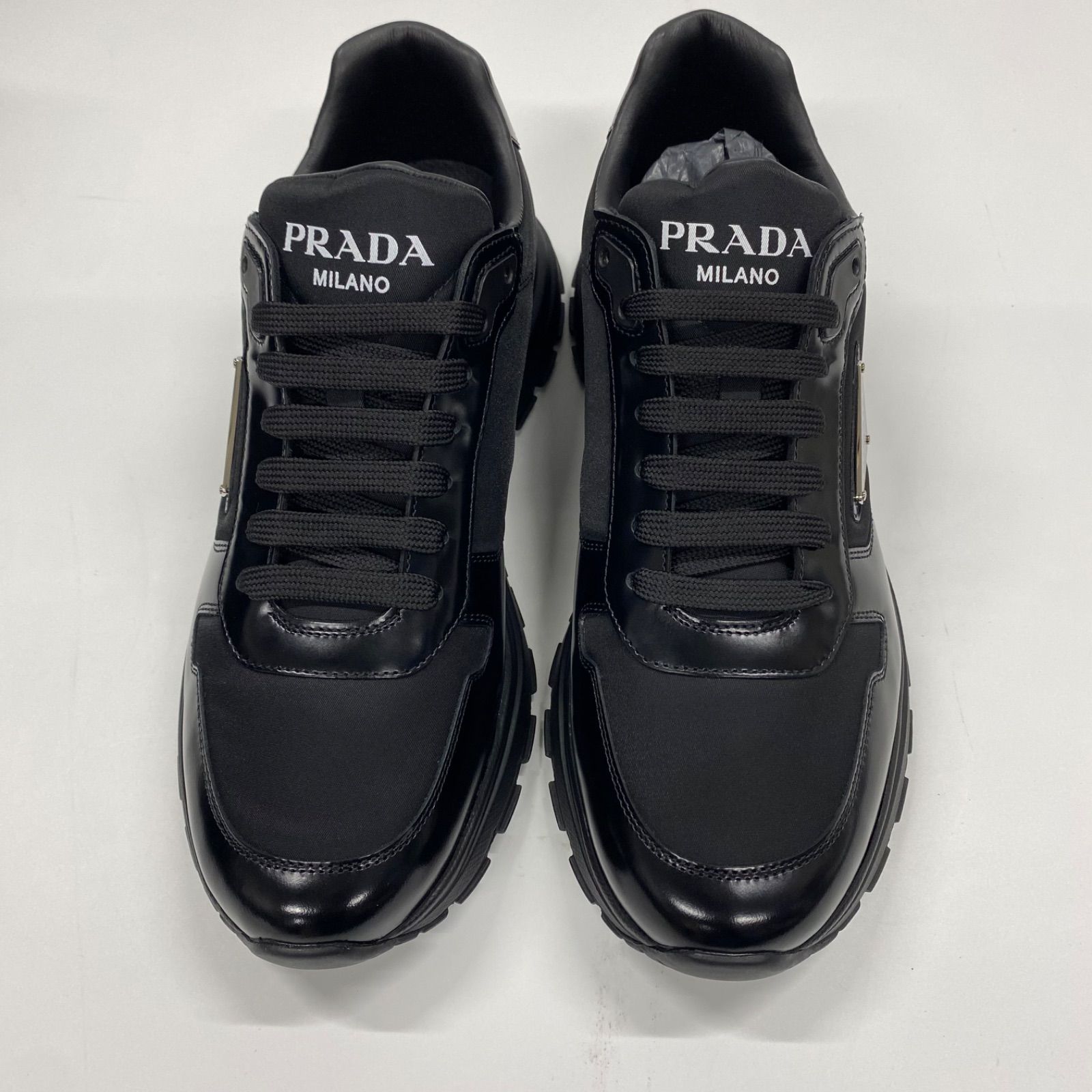 PRADA】プラダRe-Nylon xブラッシュドレザー メンズ スニーカー BLACK