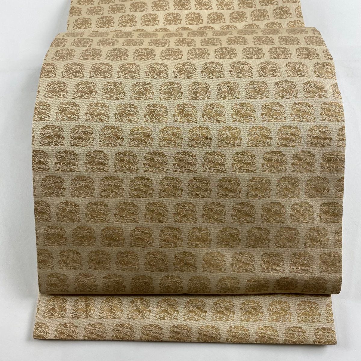 袋帯 秀品 落款 あらいそ 幾何学 箔 灰茶 全通 正絹