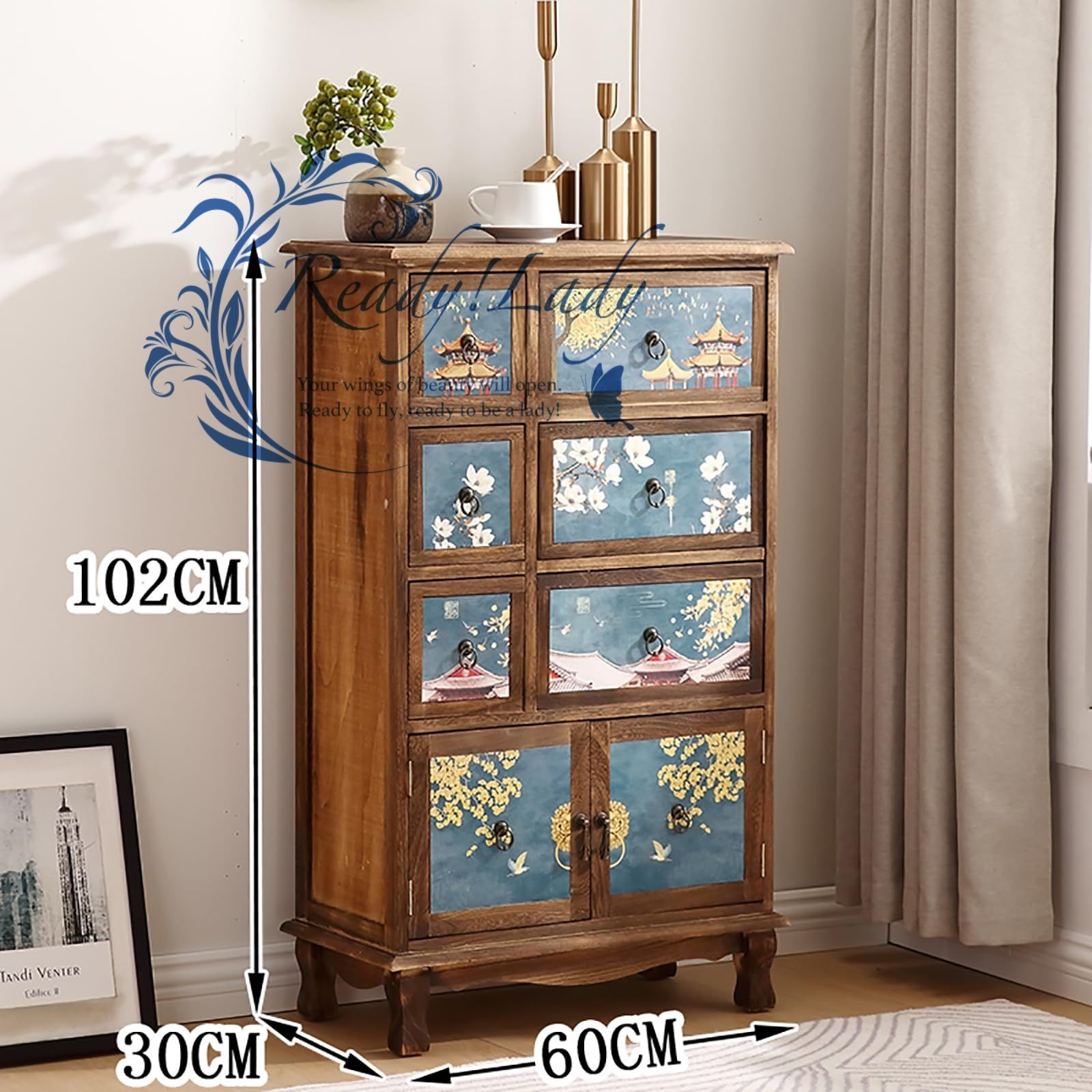 リビング収納 引き出し収納 幅60×奥行30×高さ102cm デスク収納 アンティーク調 引き出し 木製 卓上収納ケース オフィス収納 机上収納 雑貨収納 キャビネット サイドボード チェスト リビングボード 60 30 102cm