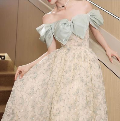 ドレス ロングドレス グリーン系 二次会 パーティードレス オフショルダー 花柄 花嫁 ウェディングドレス コンサート 披露宴 結婚式