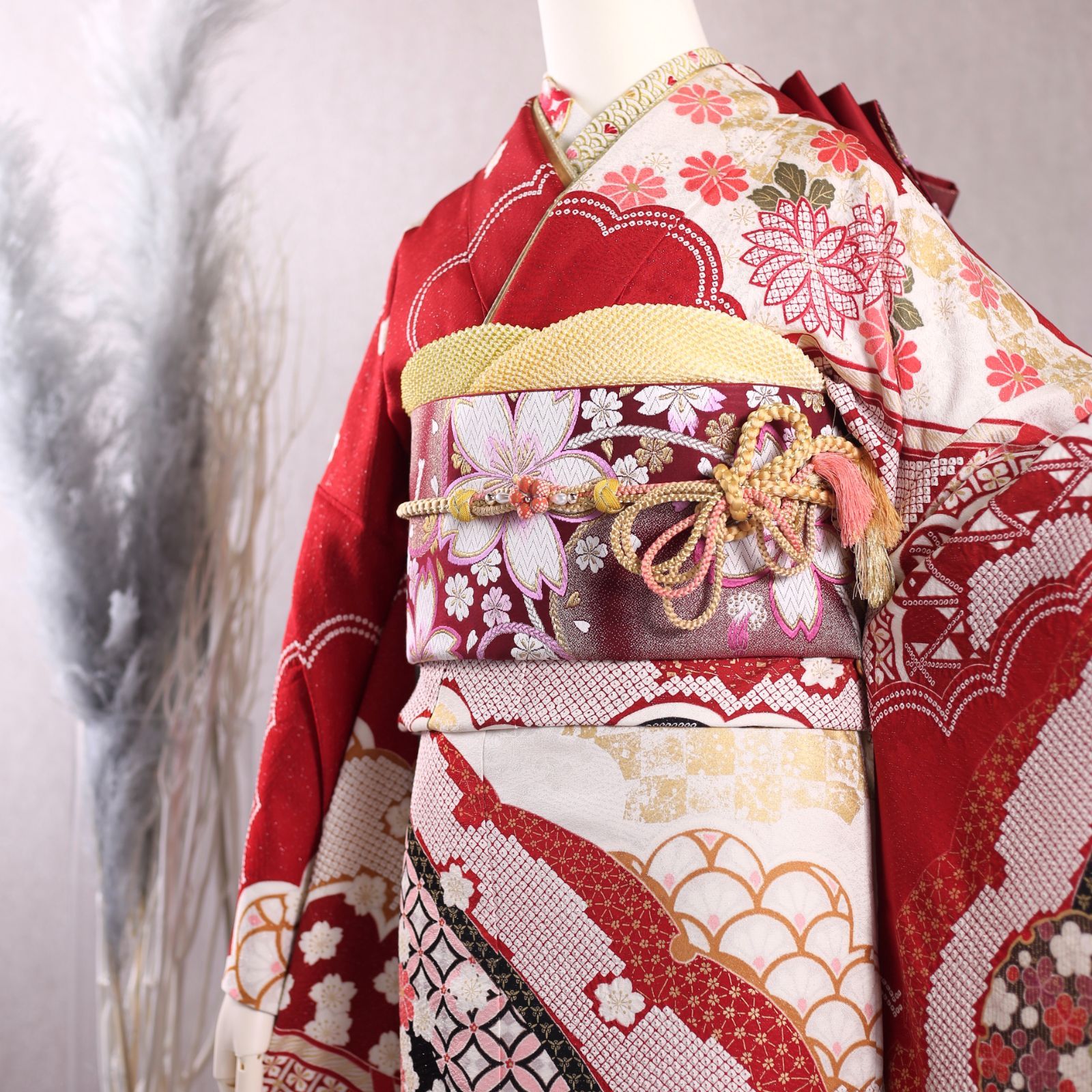 振袖フルセット 振袖セット 振袖 Lサイズ 中古 赤×古典 美品 成人式