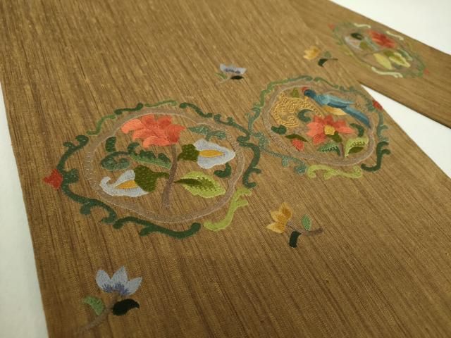 平和屋着物○九寸名古屋帯 紬地 絽刺し 総刺繍 花鳥更紗 金糸