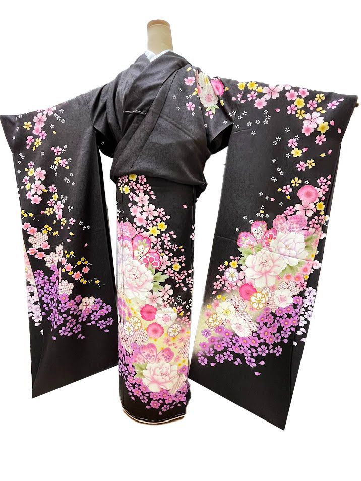 平和屋着物○豪華振袖 総絞り 舞蝶文 黒地 金銀彩 正絹 逸品