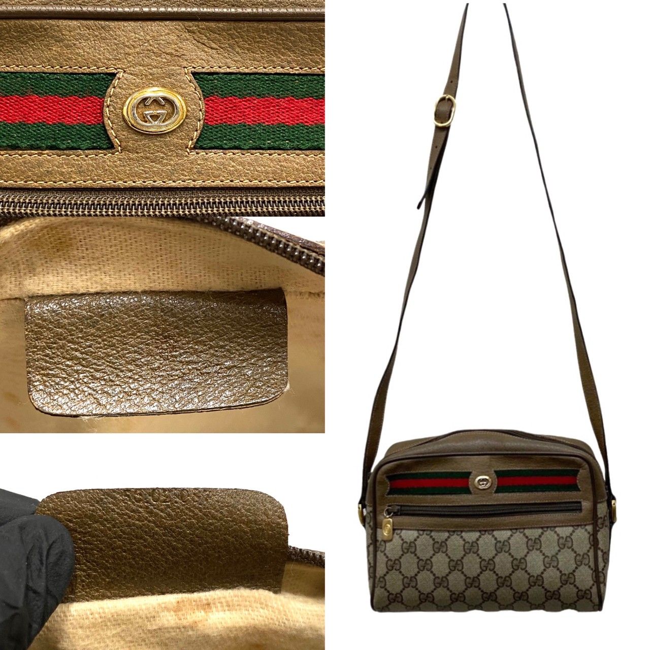 極 美品 GUCCI オールドグッチ ヴィンテージ GG ロゴ 金具 シェリーライン レザー ショルダーバッグ ポシェット ブラウン 02736 -  メルカリ