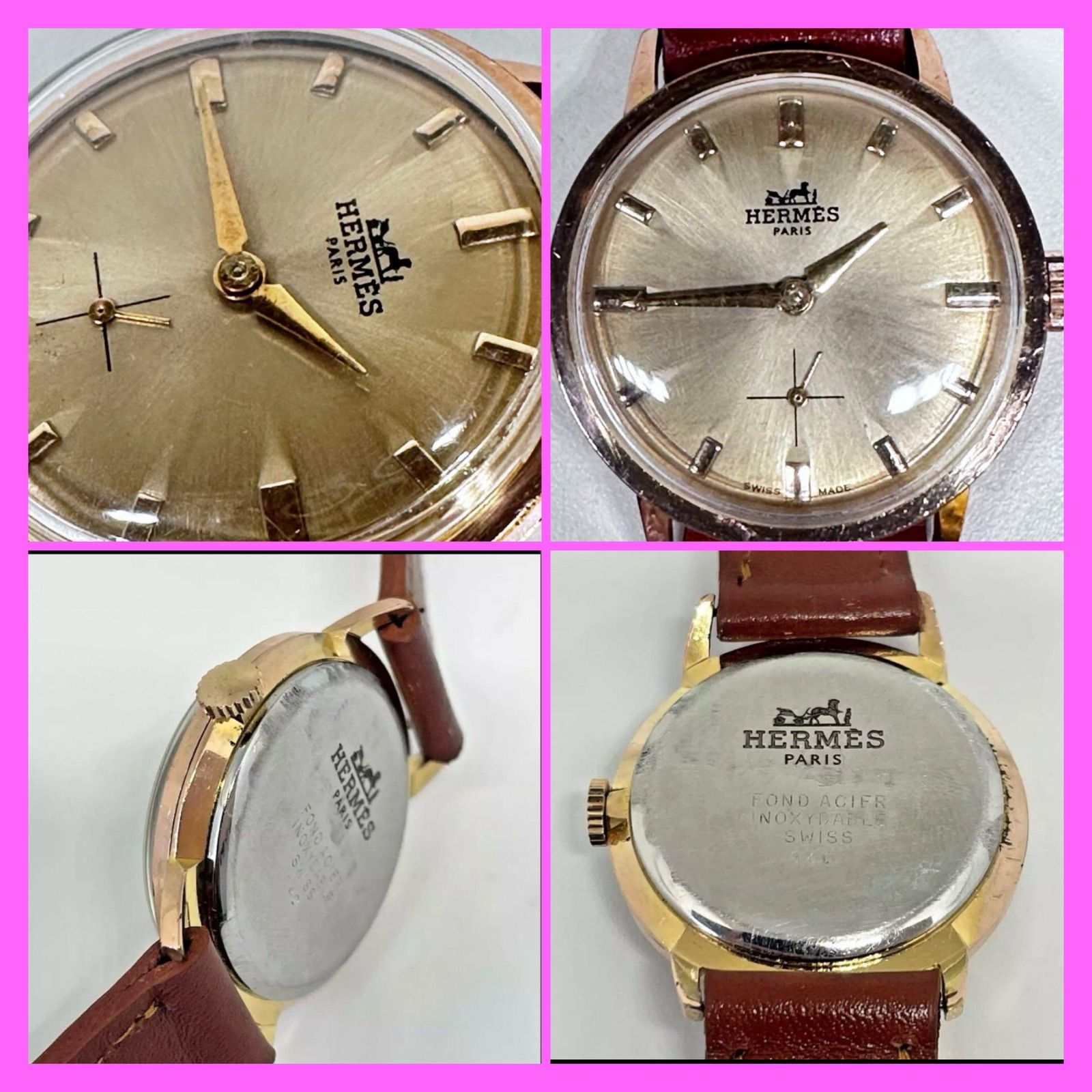 HERMES ゴールド装飾時計 ヴィンテージ エルメスHERMES ゴールド文字盤 手巻き ユニ