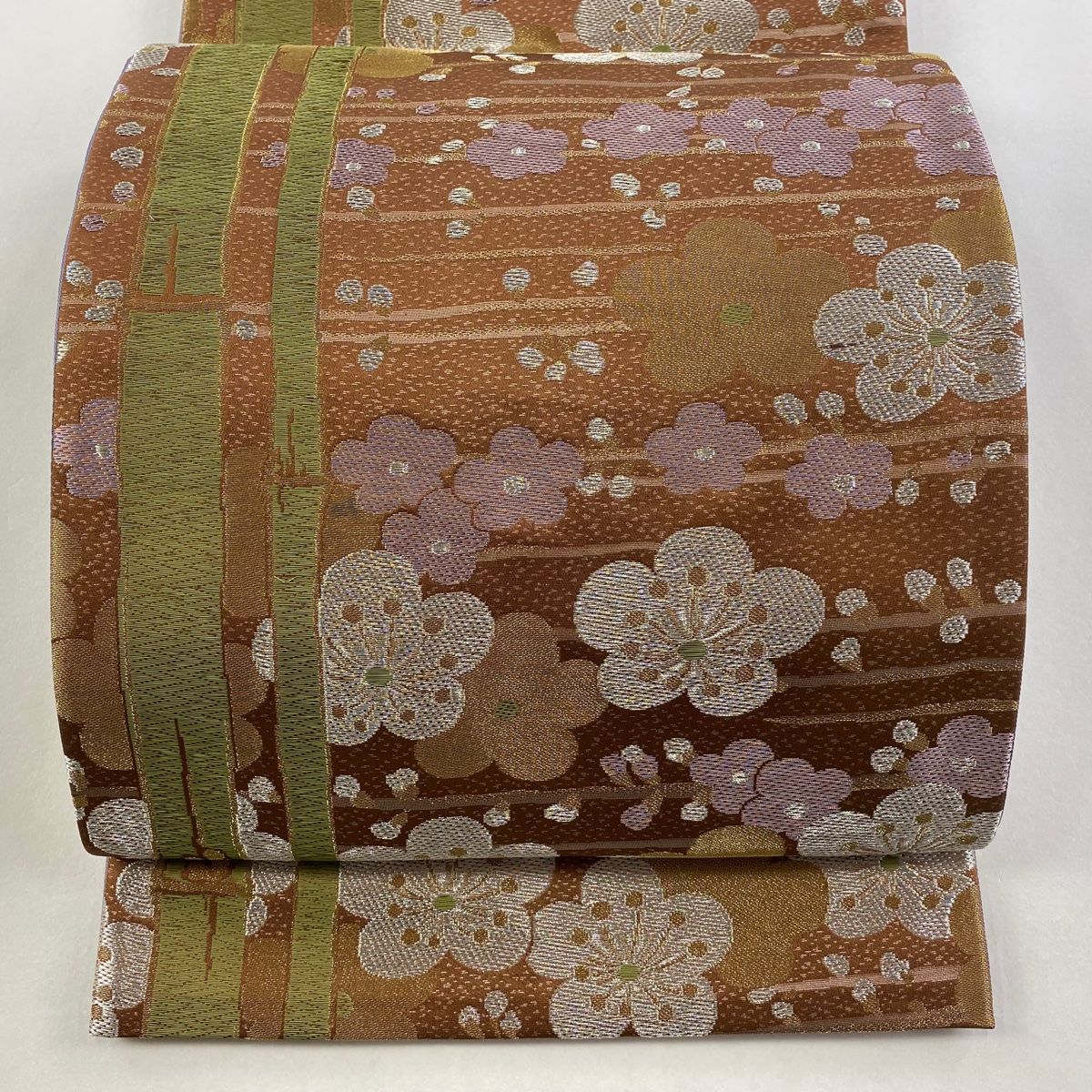 袋帯 秀品 二代目清次郎 落款 梅 竹 金銀糸 箔 茶色 六通 正絹