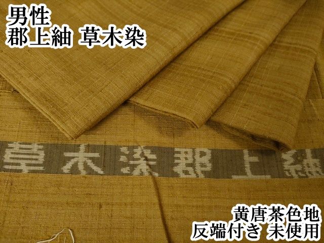 平和屋本店□極上 男性 郡上紬 草木染 黄唐茶色地 反端付き 逸品 未  