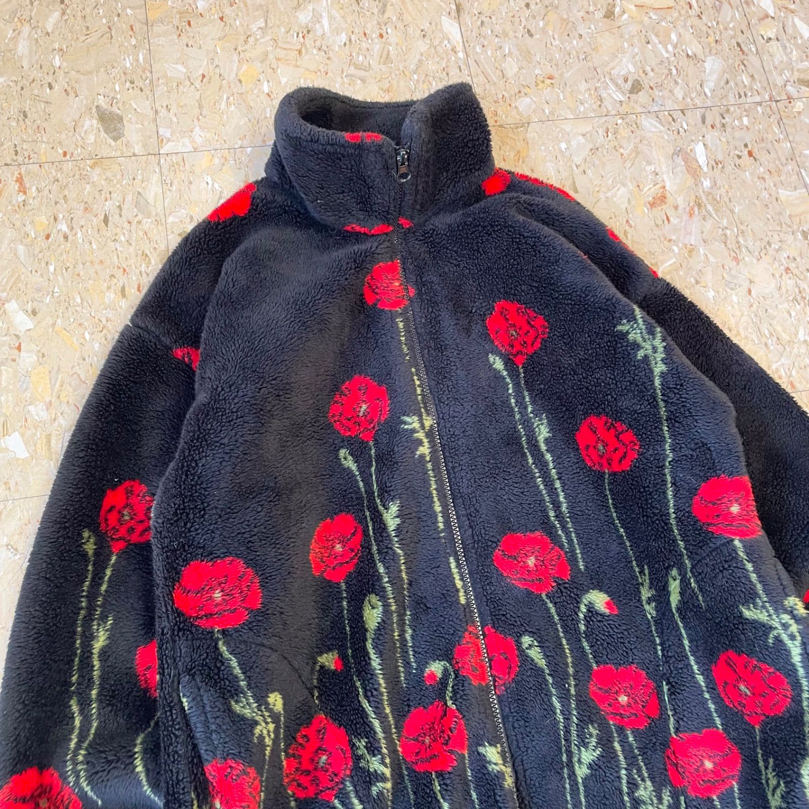 90s USA製　MAZMANIAマズマニア　フリースジャケット　サイズL薔薇 90s USA製 【MAZMANIA】 マズマニア バラ フラワー フルジップ