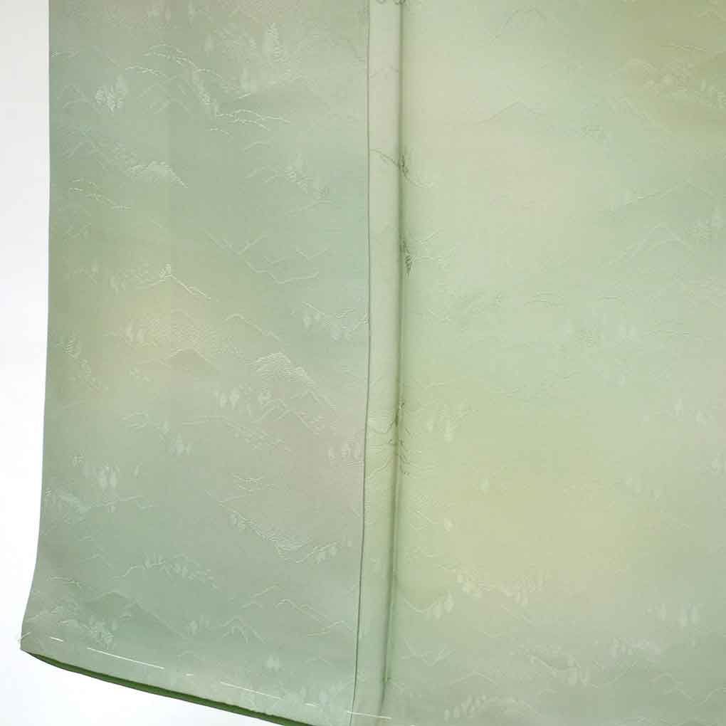 色無地 身丈156cm 裄63cm 前幅22.5cm 後幅29.5cm 袖丈44cm 袖幅32cm レディース 袷 ぼかし 裄Mサイズ 秋冬春用 正絹 シルク グリーン リメイク リユース リサイクル 呉服のきくや