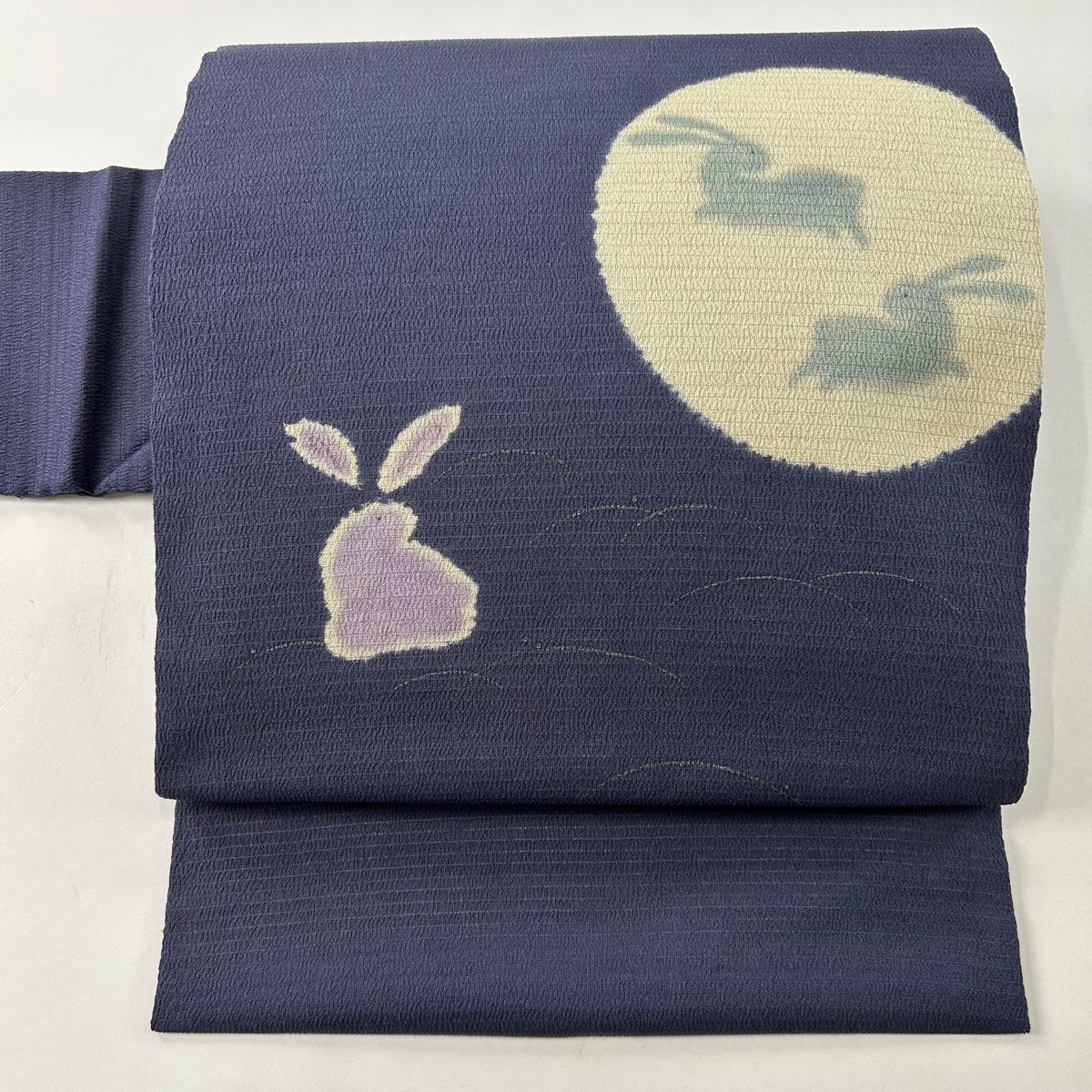 名古屋帯 名品 夏帯 絽 うさぎ 月 絞り 銀彩 青紫 正絹