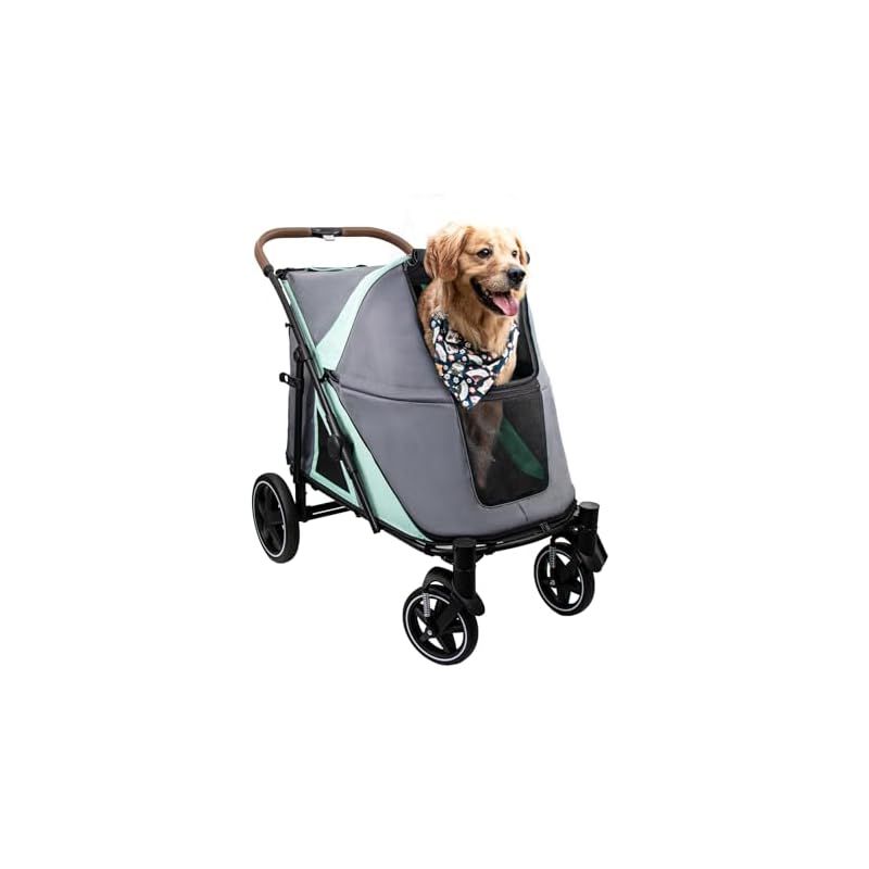GPR ペットカート 大型犬用カート ワンタッチ折りたたみ式 犬 バギー 多頭 大型犬 ペットバギー 4輪 軽量コンパクト 組み立て簡単 前後で入り レインカバー付き ポケット付き 大型 中型 多匹飼い向け 耐荷重50Kg ミントグリーン-チャコール 0