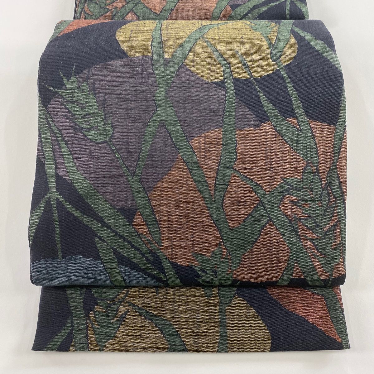 袋帯 となみ織物 落款 葉柄 幾何学 濃紺 六通 正絹