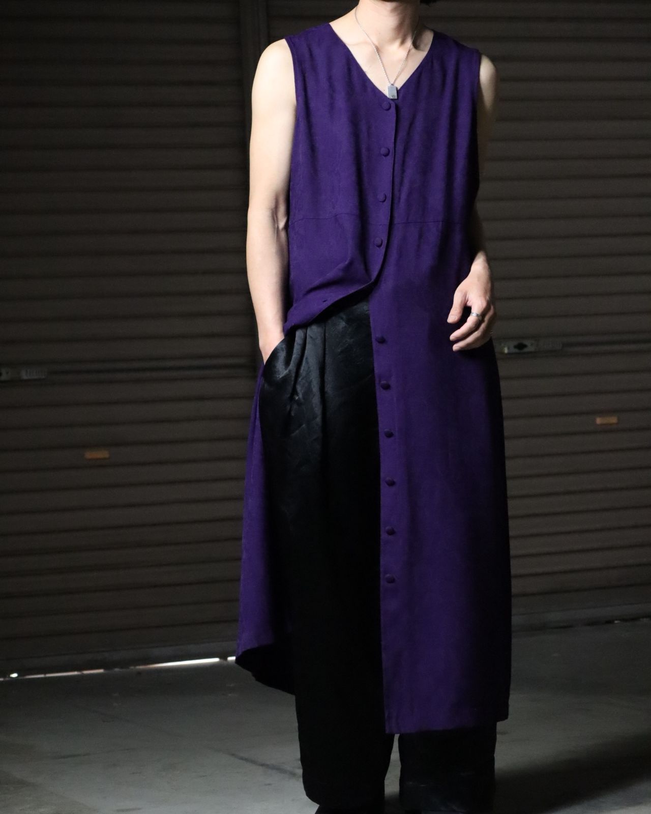 purple color rose jacquard long gilet one-piece 薔薇 ローズ ジャガード パープル オーバーサイズ ロング マキシ丈 ジレ ボタンフロント Vネック 80s 90s VINTAGE
