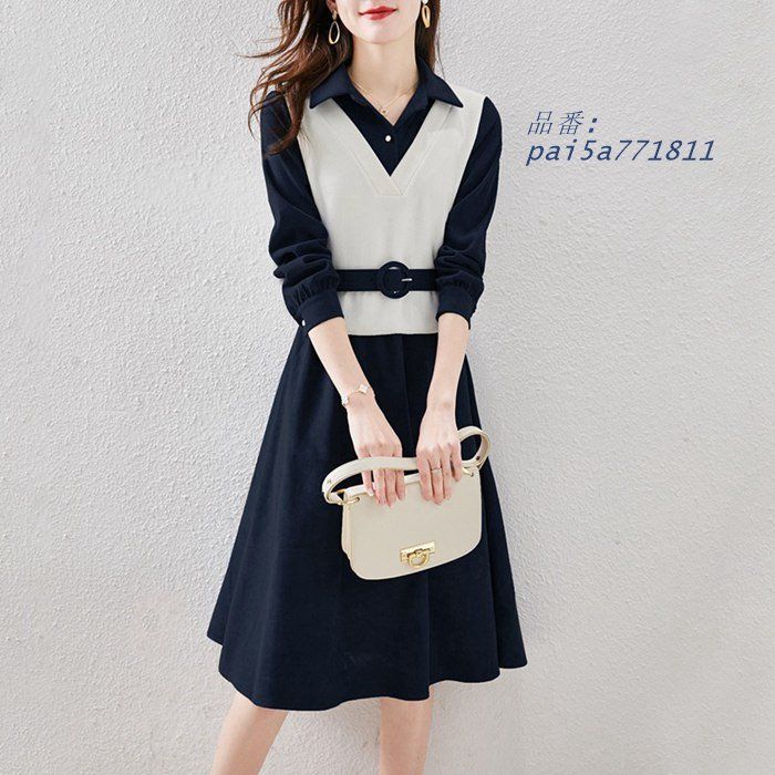 ワンピース レディース ニットワンピ 切り替え シャツワンピース 長袖 ベルト付き 秋 春 きれいめ お呼 無地 Aライン 膝丈 体型カバー pai5a771811