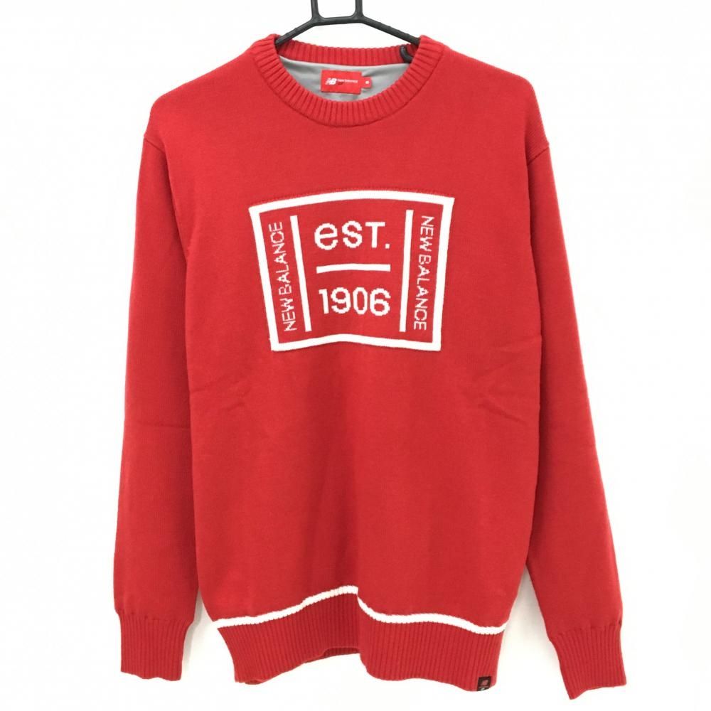 超 ニューバランスゴルフ セーター レッド×白 フロントロゴ 裏地付き ウール混 ニット メンズ 5 L ゴルフウェア New Balance