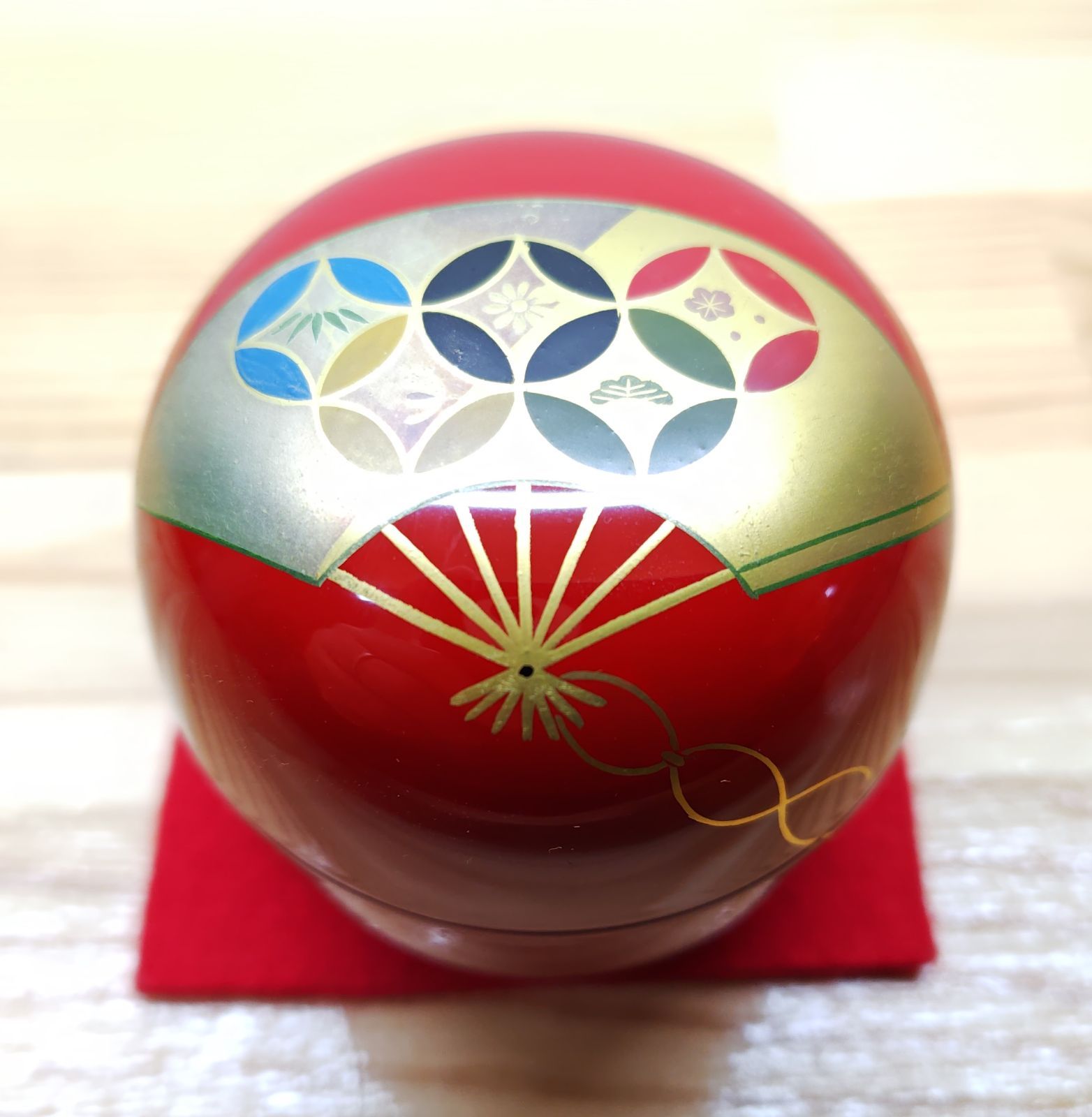 逢絢亭 茶道具 茶器 山中塗 朱塗 日の丸形 扇面七宝 中村湖彩 共箱入り