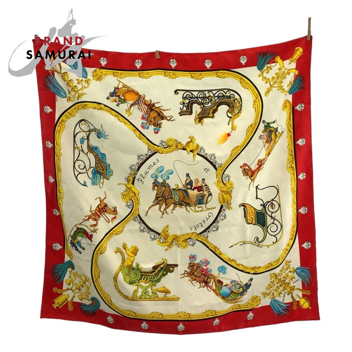 美品 HERMES エルメス PLUMES ET GRELOTS カレ90 レッド アイボリー  