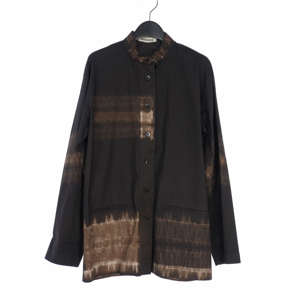 イッセイミヤケ ISSEY MIYAKE ペルマネンテ PERMANENTE 90s ミシンステッチ 抜染 プリント シャツ ワイドパンツ セットアップ 上下 茶 ブラウン