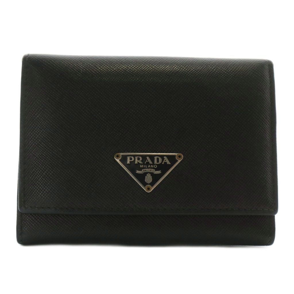 PRADA ブラック 二つ折り財布　サフィアーノレザー　黒　三角　トライアングル プラダ PRADA 二つ折り 財布 ミニ ウォレット サフィアーノ レザー