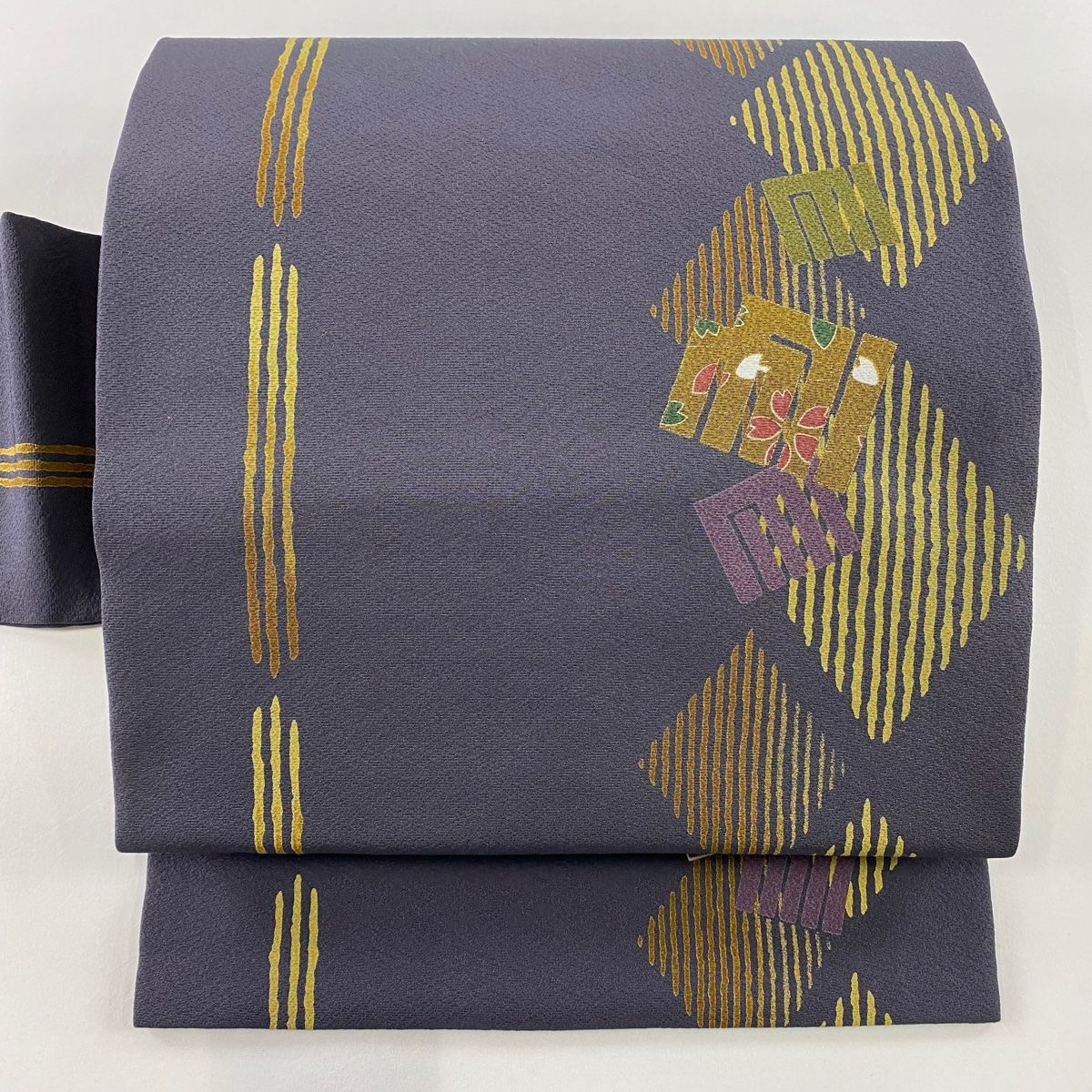名古屋帯 秀品 源氏香 縞 金彩 紫 正絹