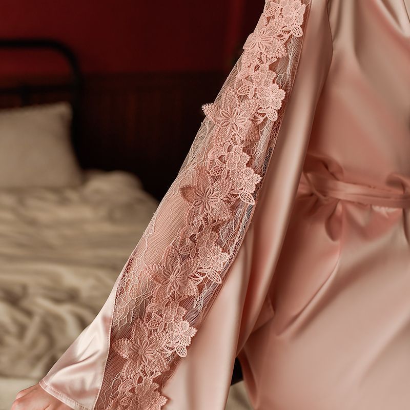 カラフル フラワー刺繍 シースルー ガウン おしゃれ ナイトガウン ベルト付き 袖レース 花柄刺繍