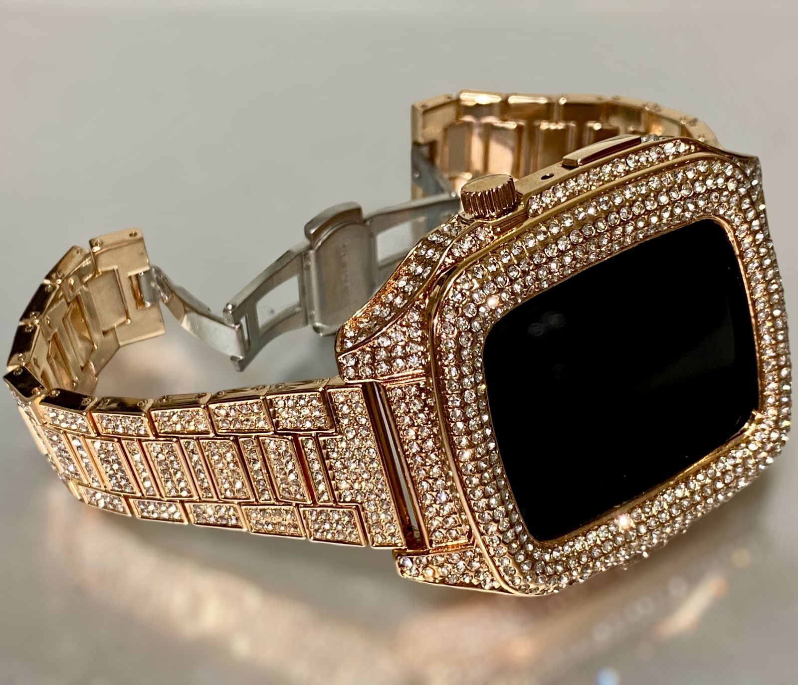 ローズゴールド アップルウォッチバンド ステンレス カバー キラキラ Apple Watch ケース 44mm 45mm メンズ レディース 調整器付き フルダイヤ