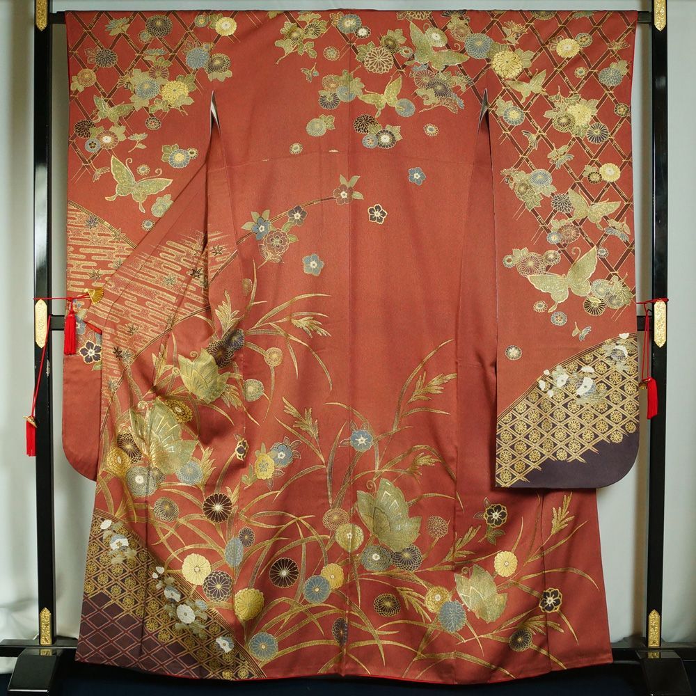 振袖セット 振袖・袋帯・長襦袢 3点 セット 花垣に胡蝶模様 L