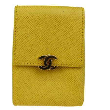 【中古】 美品 シャネル ヴィンテージ CHANEL シガレットケース タバコ入れ ココマーク キャビアスキン イエロー  レザー 69BC083