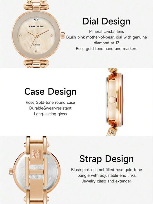 ブラッシュピンクマザーオブパールダイヤル ブラッシュピンクエナメル充填ローズゴールドトーンバングル