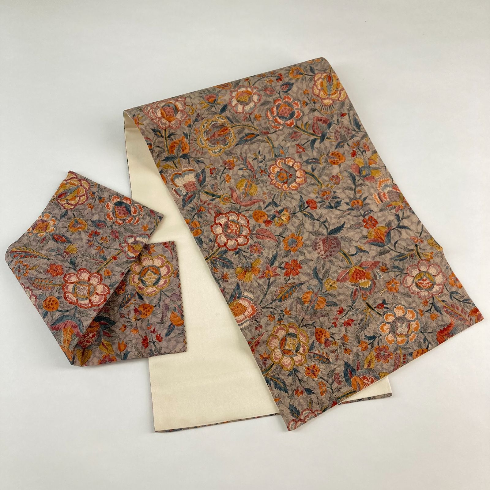 リユース帯 作り帯 名古屋帯 薄茶色 グレー カジュアル ちりめん 染め  