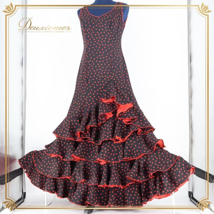 フラメンコ 衣装 ワンピース ドレス CANELA PURA ダンス パーティ 発表会 ブラック系 レッド系 水玉 ドット ボランテ フリル フリルデザイン ダンス衣装 パーティードレス かわいい おしゃれ 可愛い レディース ステージ衣装 イベント用