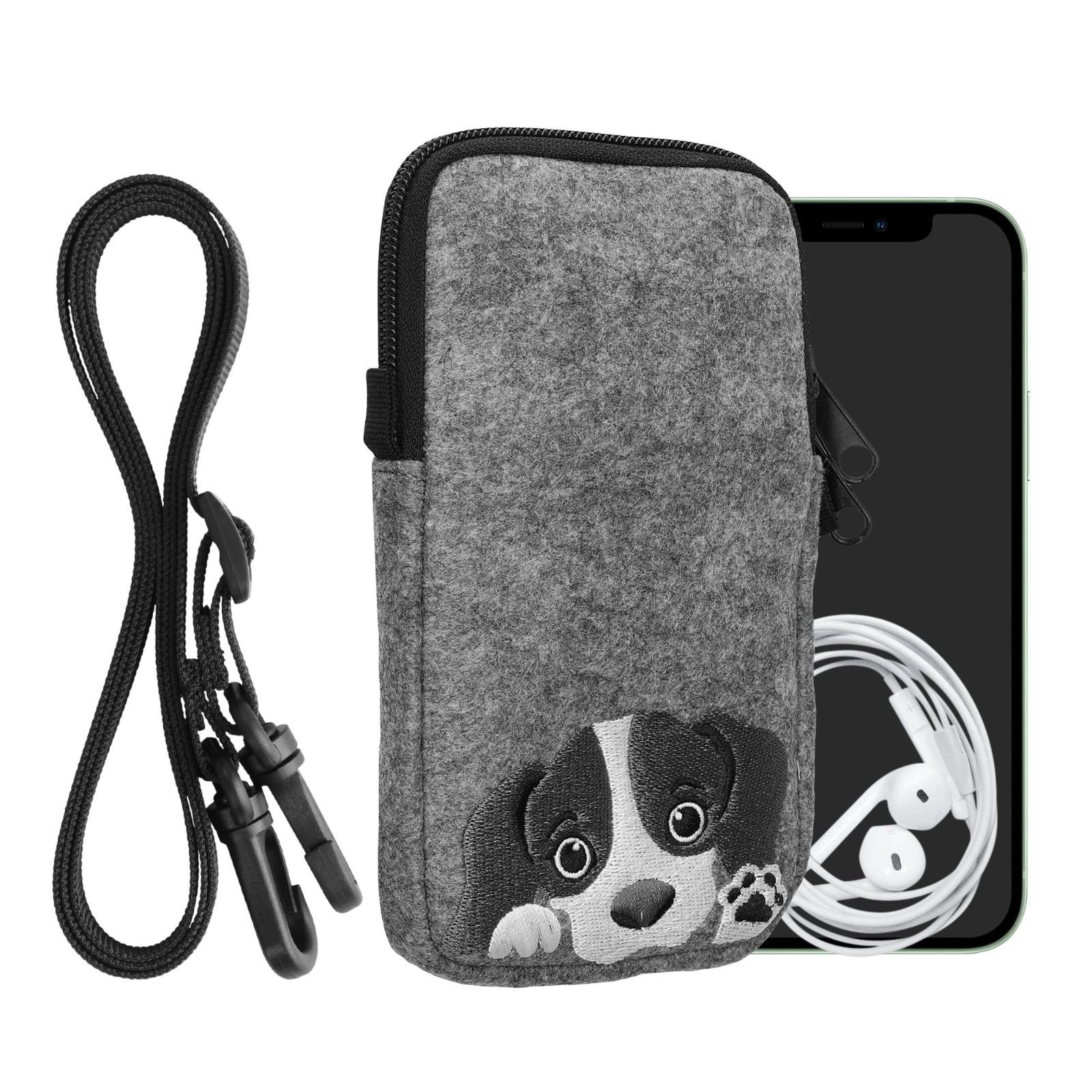 kwmobile スマホショルダー 対応: L - 6.5 - フェルト スマートフォン 首掛け 保護ケース 好奇心旺盛な犬デザイン