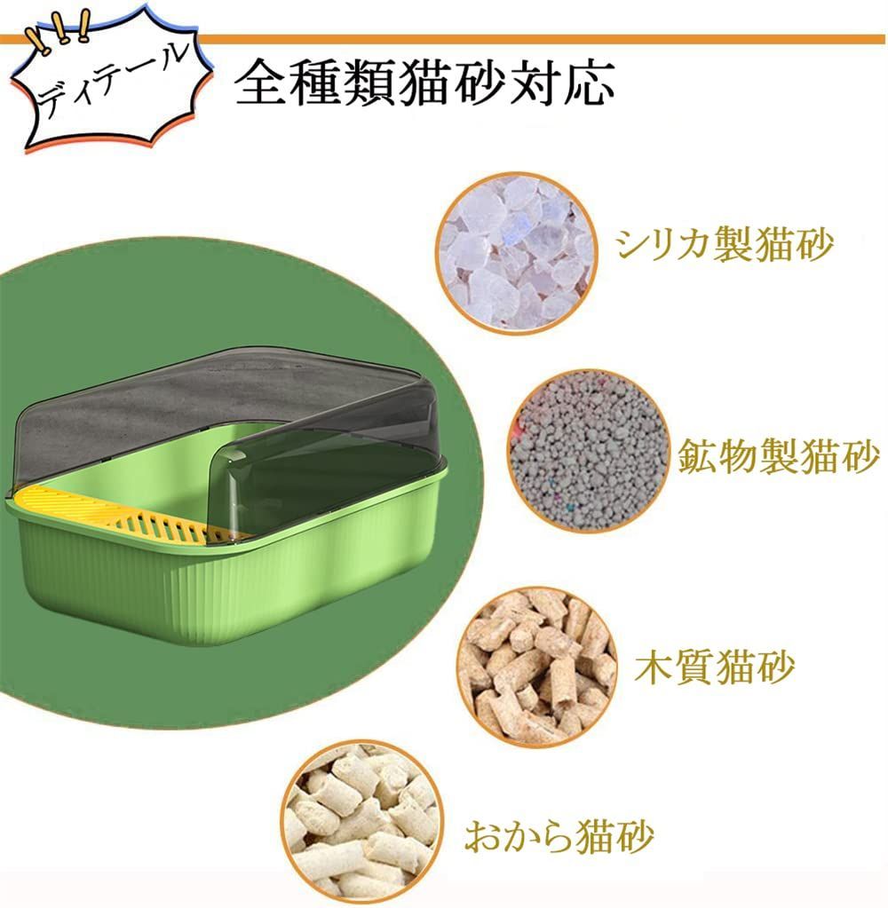 猫トイレ 猫用トイレ本体 ネコトイレ 約1か月分チップ オープンタイプ ハーフカバー スコップ付き 大きい猫 大きいトイレ 飛び散り防止  すいすいコンパクト 大きい猫 大きいトイレ 掃除簡単 脱臭 組み立てしやすい 引き出し付き おしゃれ 人気 (ダークグリー - まちなみ ...